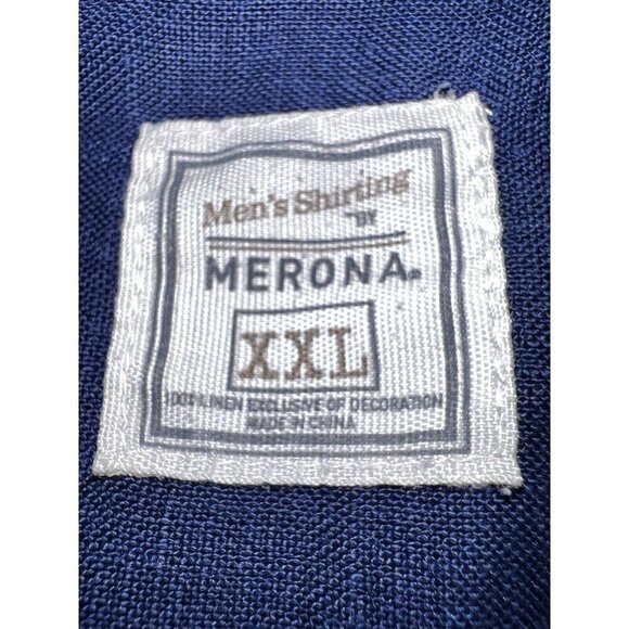 MERONA Navy Linen Button Down Short Sleeve Shirt Embroidered Sz XXL - Picture 6 of 8